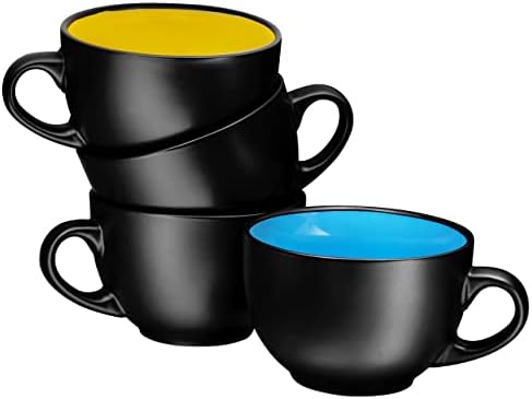 Комплект от 4 черни керамични чаши кафе на Bruntmor тегло 24 грама, най-добрите чаши за кафе в голям размер за коледно парти, са идеални за голямо лате, подарък за рожден ден, партита, здравите дръжки, чаени чаши