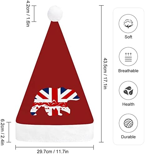 Коледна шапка с мече под британски флаг, шапка на Дядо Коледа за възрастни унисекс, комфортна класическа коледна шапка за коледно парти