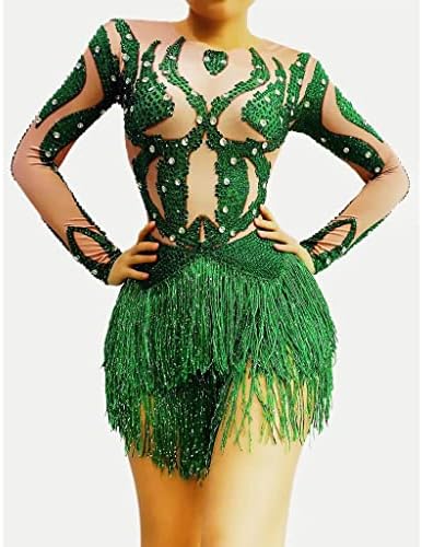 Испанци Секси Боди с Кристал Ресни, Лъскави пайети, Зелени снопчета, Танцов костюм, облекло за сцена, дрехи за нощен клуб (Цвят: A, размер: XL Код)