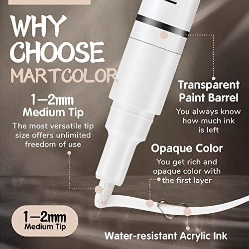 MARTCOLOR White Paint Pens - 6 Опаковки Акрилни бои, Маркери, за да Наскальной живопис, камък, Дърво, Плат, Стъкло, Метал, металлизированных, Керамика, Гума, хартия, рисуване, Осветление, Комплекти Бои на водна основа