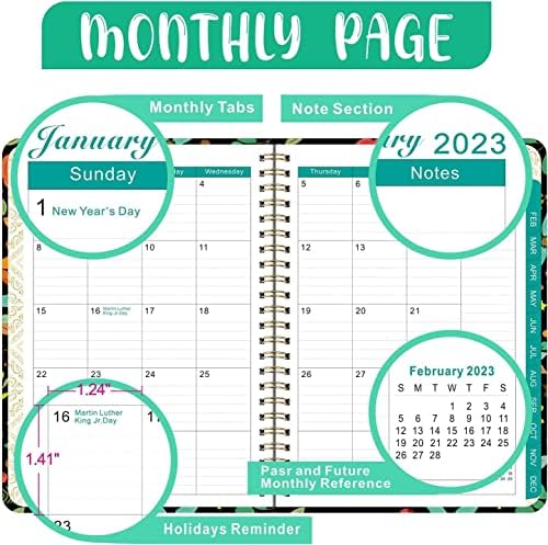 Календари на 2023 година, Месечен дневник на страница А5, Седмично списание за периода от януари 2023 г. до декември 2023 г. за студентска тетрадка със Стикери, Еластична цип, Вътрешен джоб, раздели с покритие, Цвете